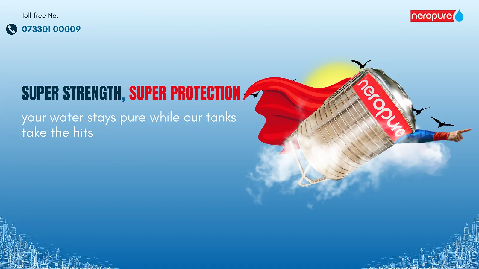 Neropure stainless steel water tank flying with a superhero cape — Super Strength, Super Protection: your water stays pure while our tanks take the hits