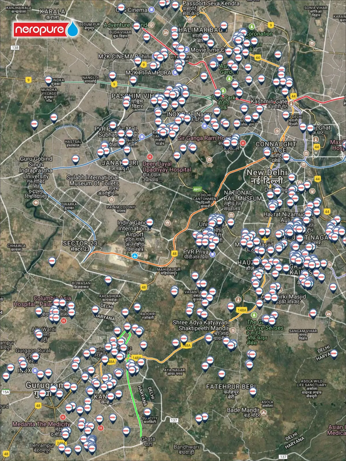 Map of Neropure stainless steel water tank installation sites in India