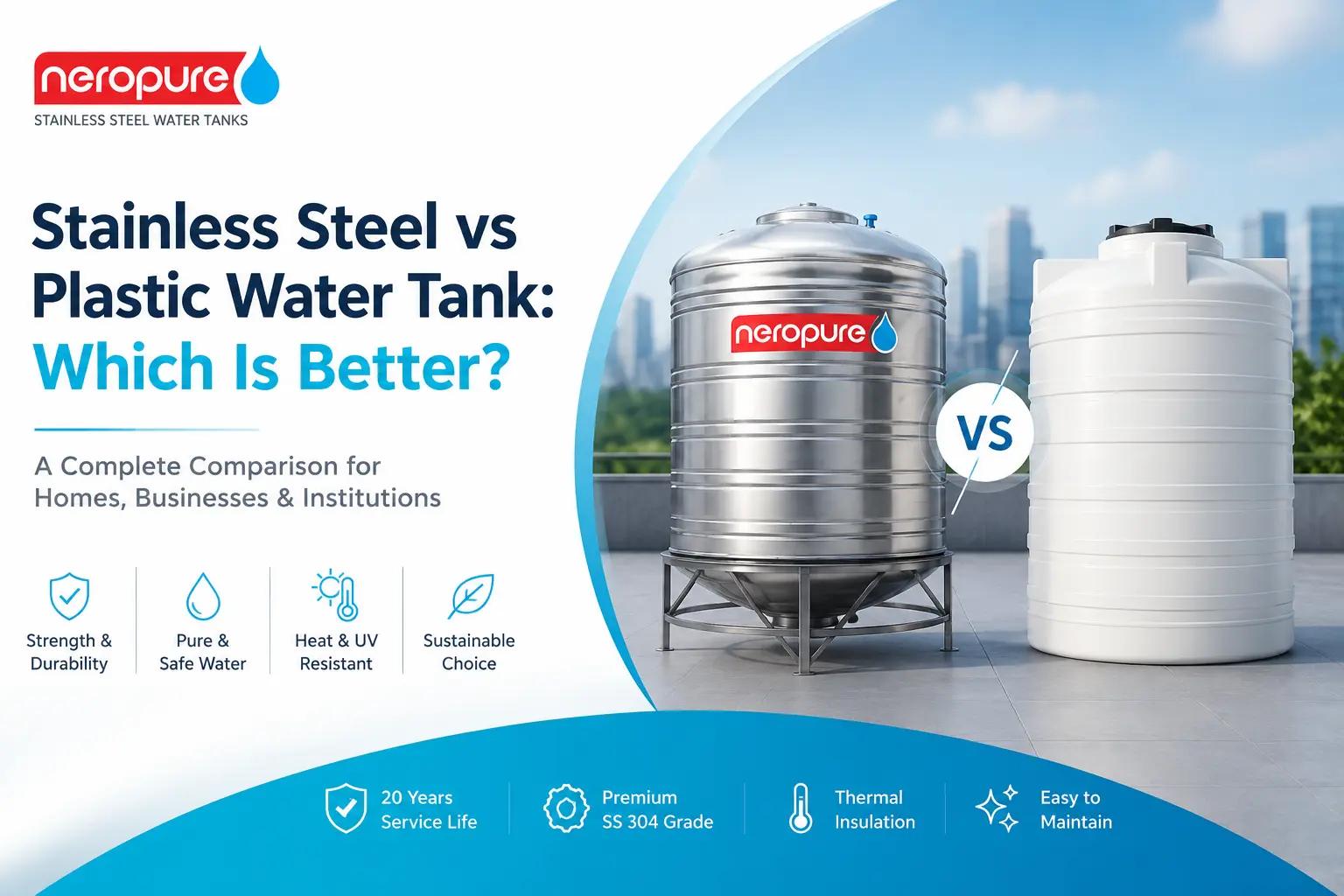 Stainless steel water tank compared with a plastic water tank