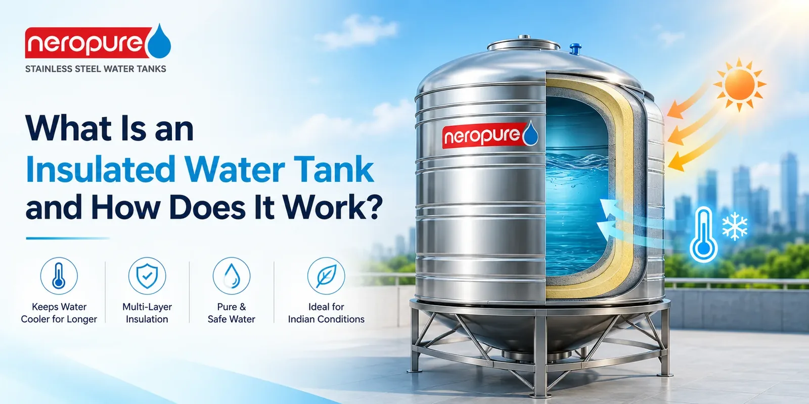 What Is an Insulated Water Tank and How Does It Work? Cutaway of a Neropure insulated stainless steel water tank showing the insulation layer between the inner and outer shells