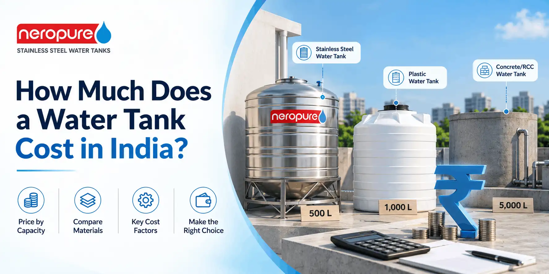 How Much Does a Water Tank Cost in India? How much does a water tank cost in India? Neropure guide comparing stainless steel, plastic and concrete water tanks, capacities and cost factors